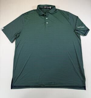 RLX Ralph Lauren Golf Polo Shirt XL Navy Green Stripe The Bankers Bank Stretch